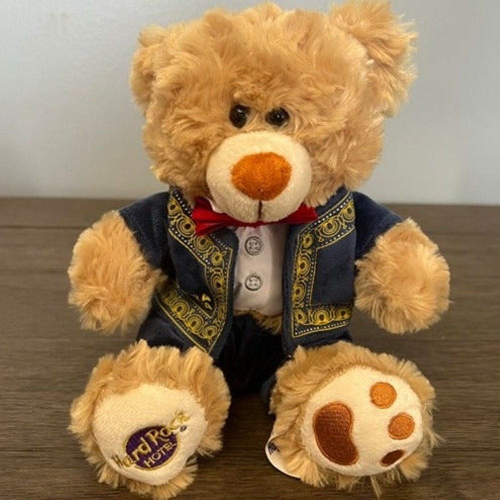 Hard Rock Hotel Teddy Bear Plush Blue Velvet Suit Red Bowtie Gold Embroidery